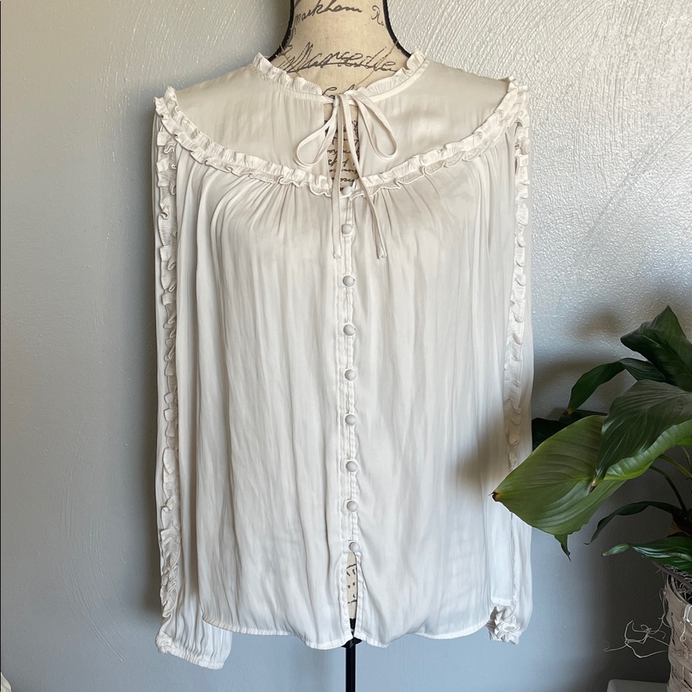 LOFT Cream Ruffle Tie Neck Blouse Size Medium Romantic Cottagecore Top